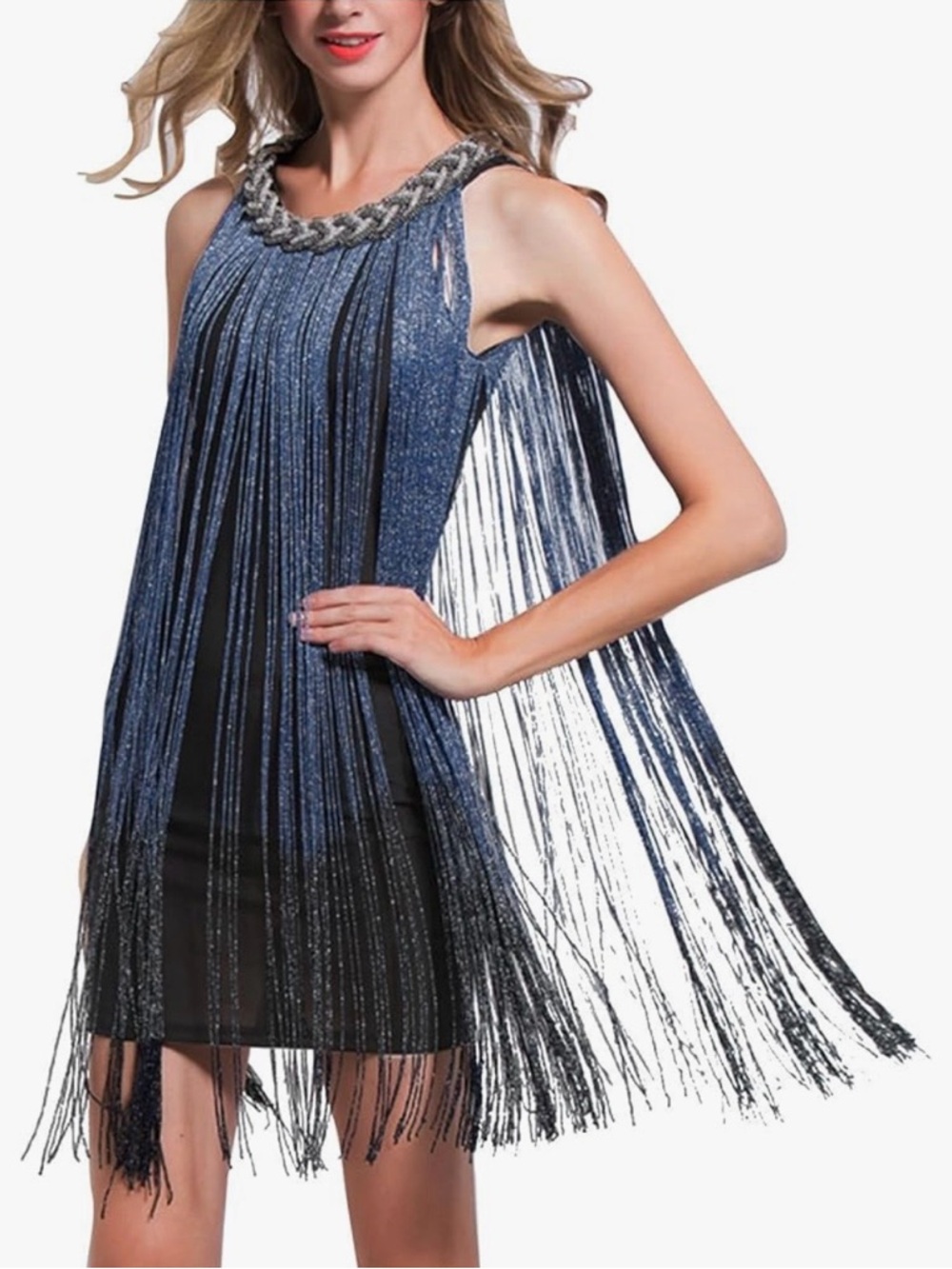 Blue Fringe Mini Dress with Beaded Collar
